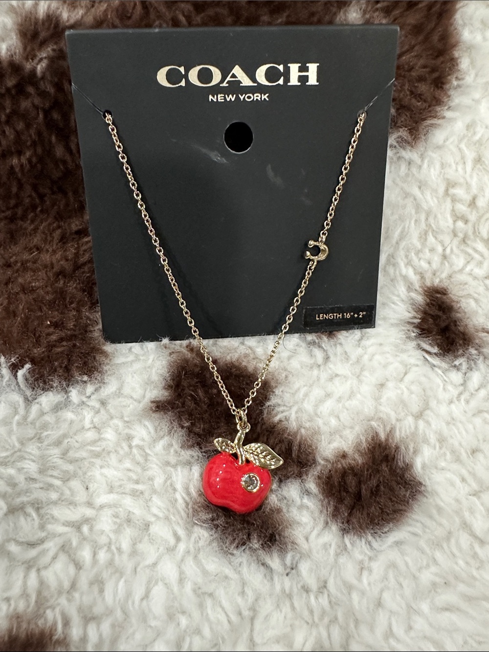 Coach Red Apple Pendant Necklace Gold Tone Enamel Crystal Logo NWT Y2K Preppy